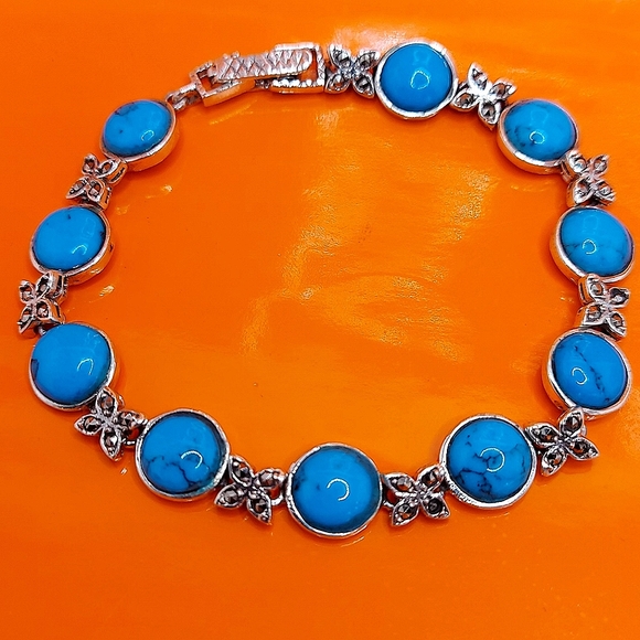 Stabilized Natural Turquoise 8mm & Marcasite 925 Sterling Silver Bracelet 7" - Picture 6 of 10